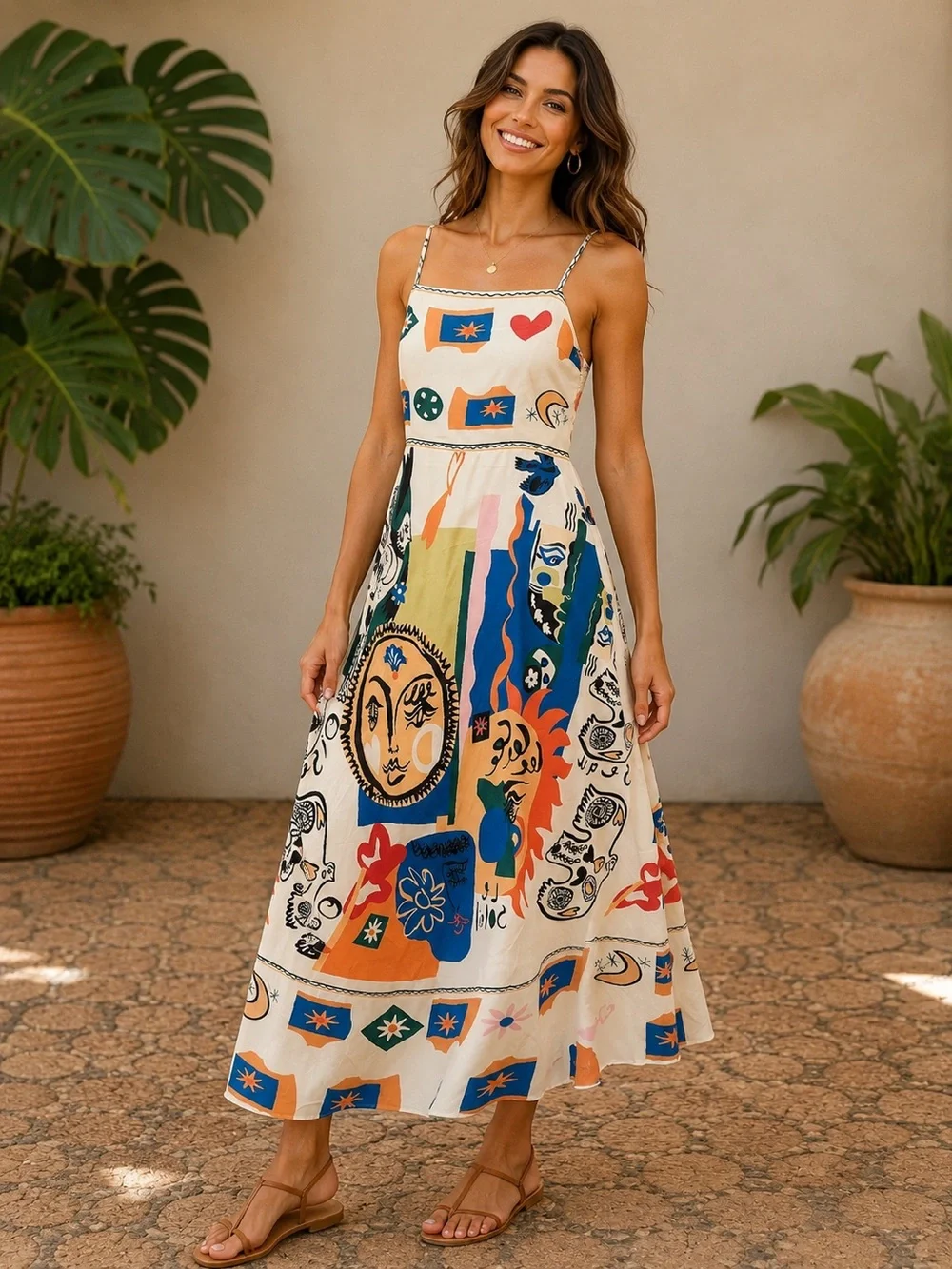 Sunday L Abstract Print Smocked Maxi Dress | Adjustable Straps Artist Print - Picture 1 of 7